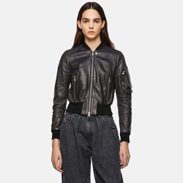 Women’s Black Leather Bomber Jacket With Arm Pocket