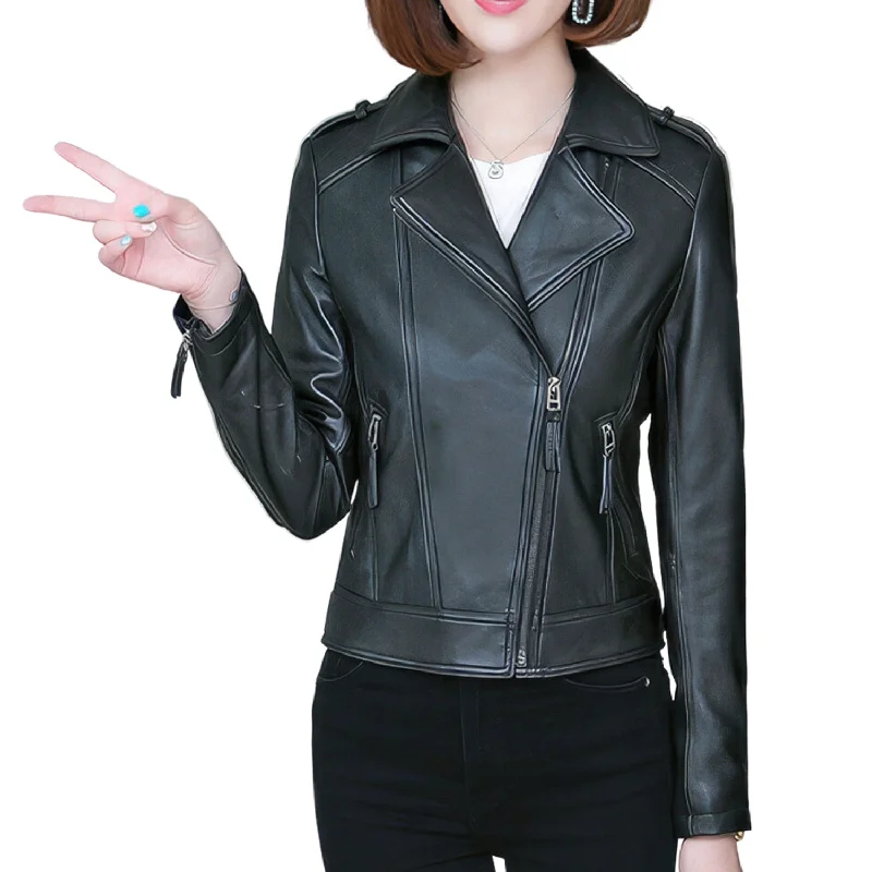 Women's Black Sheepskin Retro Racer Jacket – Asymmetric Lapel Collar, Slim Fit