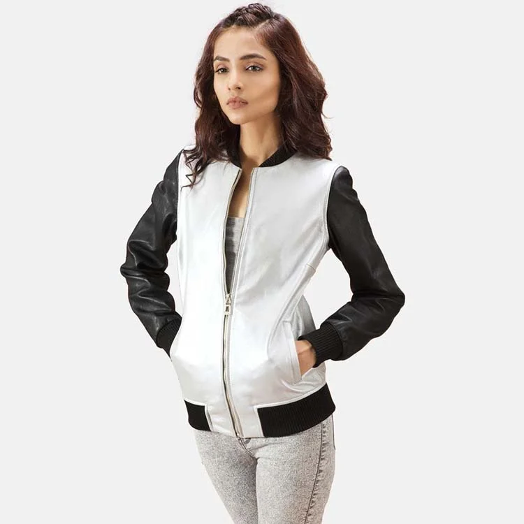 Women’s Black & White Leather Bomber Jacket