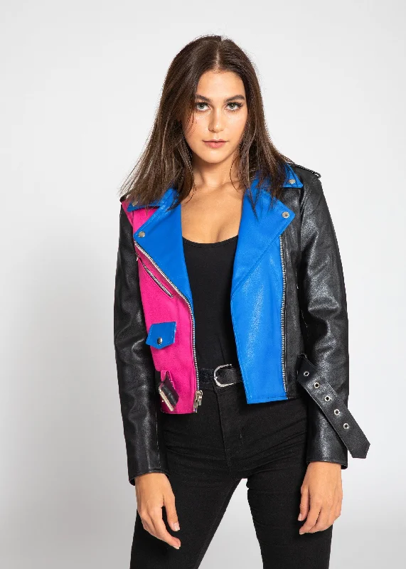 Women's Block Print Moto Style Faux Leather Jacket - Pink/Blue