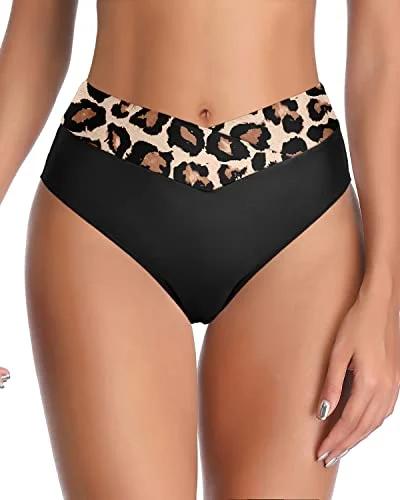 Moderate Coverage Cheeky Bikini Bottom High Cut Tankini Brief-Black Leopard