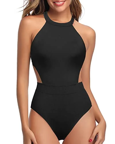 Cutout High Neck One Piece Swimsuit Tummy Control For Teen Girls-Black