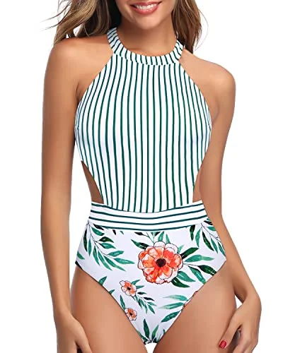 Tummy Control One Piece Cutout Swimsuits For Women-White Floral