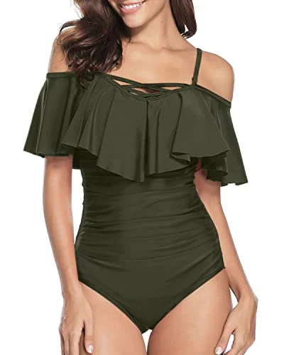 Adjustable Spaghetti Shoulder Strap One Piece Swimsuit Off Shoulder Swimsuit-Army Green