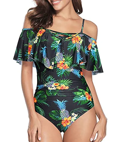 Off Shoulder Tummy Control One Piece Swimsuits For Women-Black Pineapple