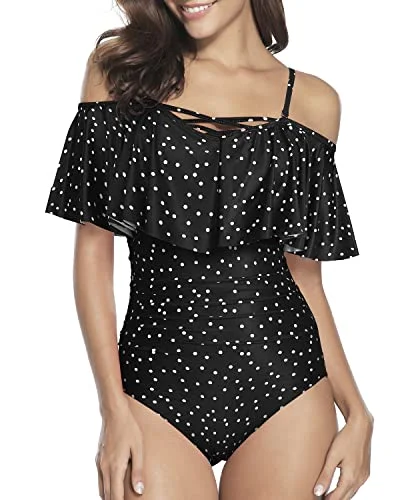 Criss Cross Lace Up One Piece Swimsuits For Women-Black White Dot