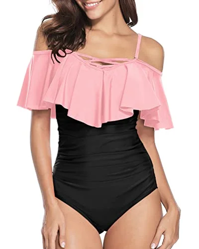 Lace Up Vintage Ruffle Swimwear For Women Off Shoulder One Piece Swimsuit-Pink And Black