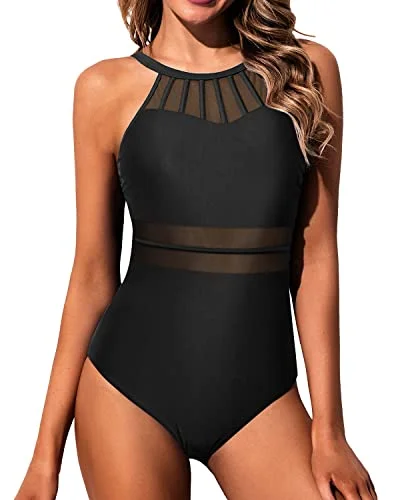 Tummy Control Halter Slimming Bathing Suit Mesh Swimwear For Teen Girls-Black