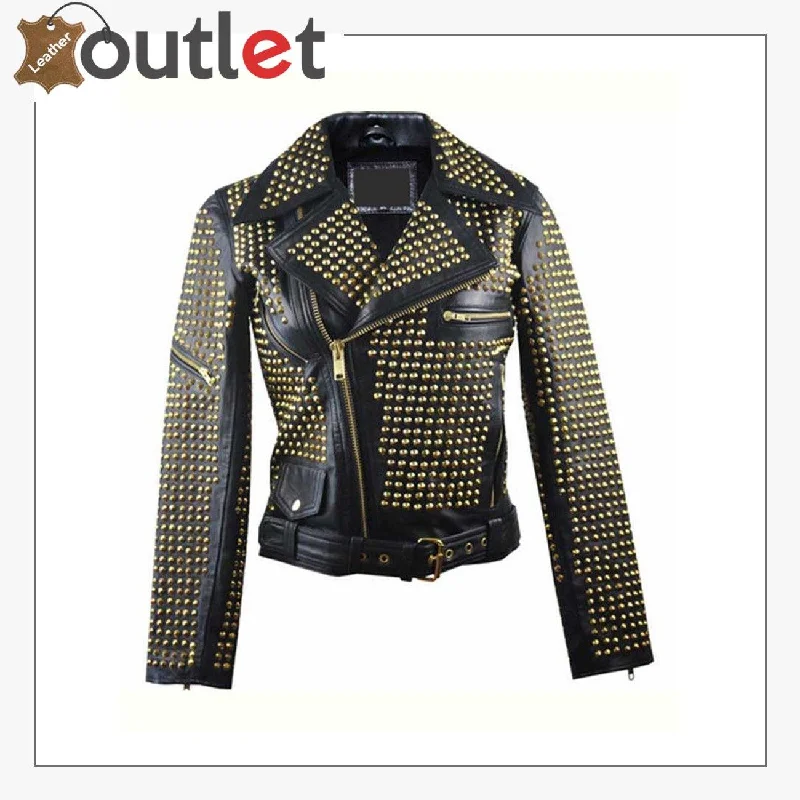 Womens Full Golden Studded Leather Jacket