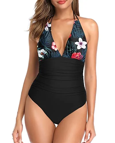 Vintage Women's One Piece Swimsuit Tummy Control Halter Swimwear-Black Floral