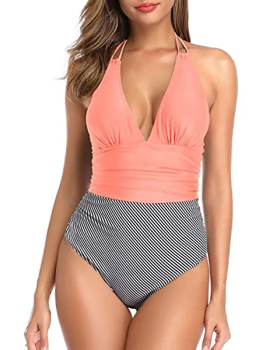 Flattering & Charming Tummy Control Halter One Piece Swimsuit Women-Coral Pink Stripe