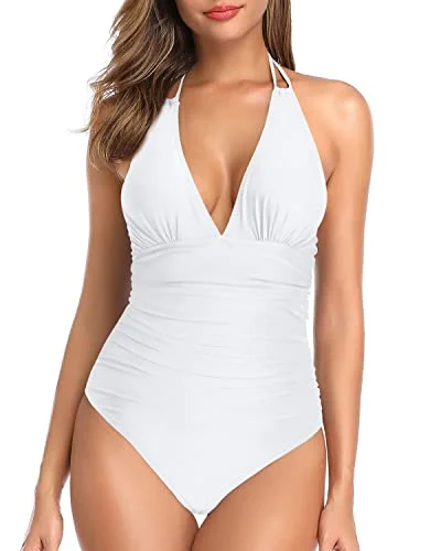 Halter V Neck Sexy Plunge One Piece Swimsuit Women Tummy Control-White