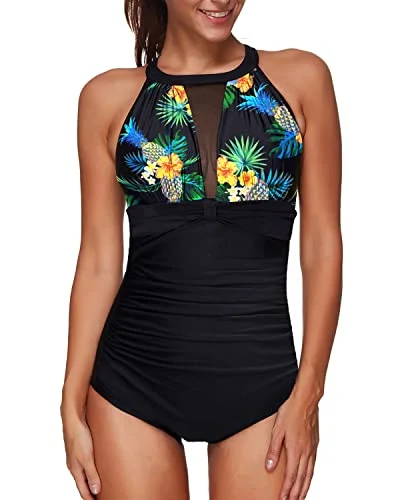 Padded Halter High Neck Mesh Tummy Control Bathing Suit-Black Pineapple