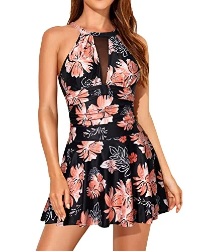 High Neck Removable Padded Cup Swimdress Swimsuits For Women-Black Orange Floral