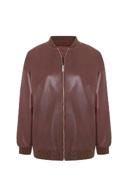 Lea Women's Oversize Bomber Leather Jacket - Cognac