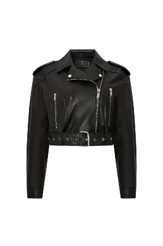 Lumi Women's Cropped Biker Leather Jacket - Black