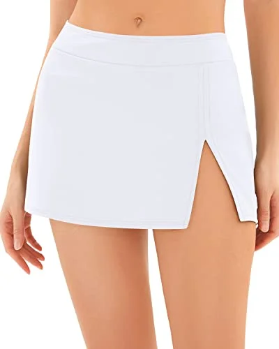 Stylish Waistband Skirted Swim Skirt With Built In Brief-White