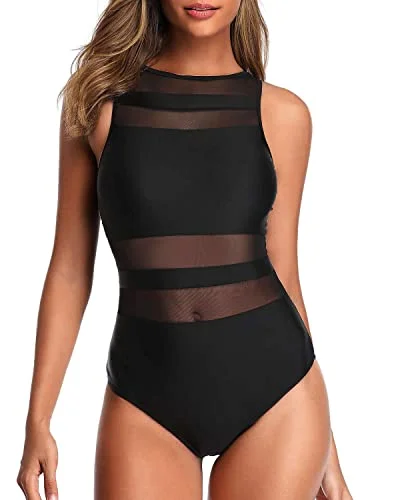 Slimming High Neck One Piece Swimsuits For Women Mesh Bathing Suits-Black