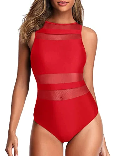 Slimming Women's High Neck One Piece Swimsuits Open Back Swimwear-Red