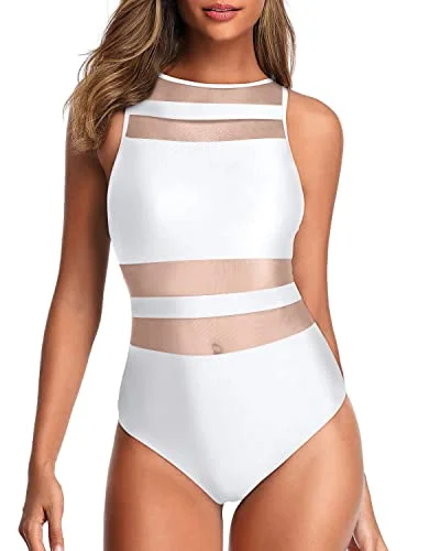 High Neck One Piece Swimsuits For Women Open Back Swimwear-White