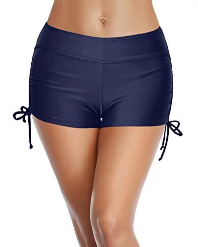 Mid Waisted Board Shorts Boyshort Swimsuits For Women-Navy Blue