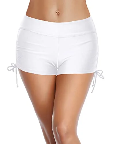 Wide Elastic Waistband Cover Tummy Well Bathing Suit Shorts For Women-White