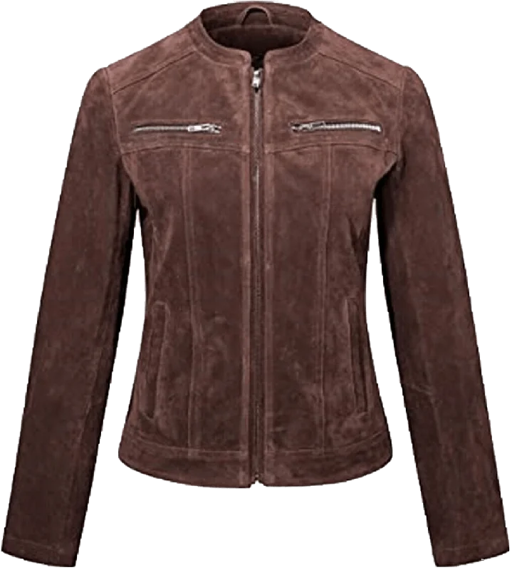 Women's Moto Brown Suede Biker Leather Jacket Coat | Women Moto Brown Suede Leather Jacket