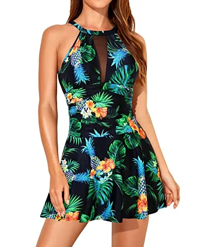 Women's One Piece High Neck Swimdress Tummy Control Halter Swimsuit Dress