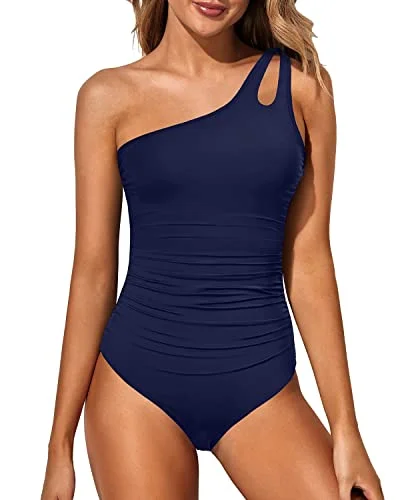 Ruched Modest Full Coverage One Shoulder One Piece Swimsuit For Women-Navy Blue