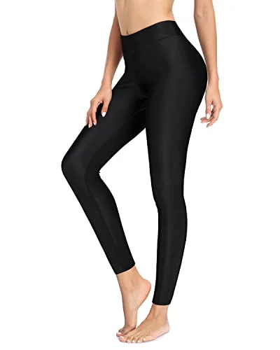 Women Swimming Leggings High Waisted Upf 50+ Rash Guard Swimsuit Pants-Black