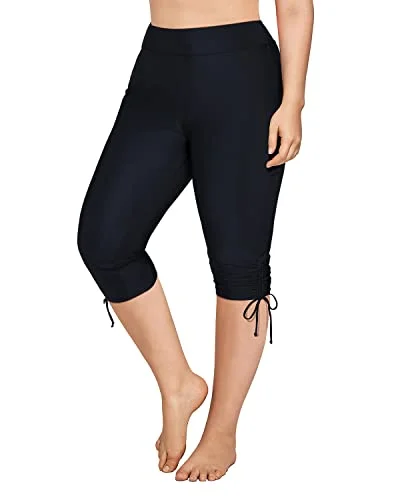 Drawstring Adjustable Swim Shorts Plus Size Swim Capris-Black