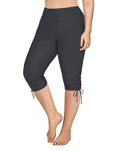 Upf50+ Elastic Waistband Swim Pants Plus Size Swim Capris-Grey