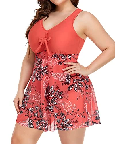 Sexy Slimming Plus Size One Piece Bathing Suit Swimdress-Red Floral