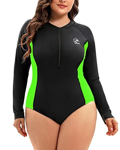 Women's Long Sleeve Plus Size One Piece Swimsuit With Zipper Upf 50+-Black