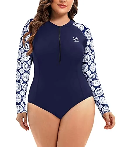 One Piece Plus Size Rash Guard For Women Long Sleeve Swimsuit Zipper Upf 50+-Blue And White Snake Print