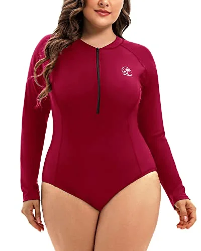 Plus Size One Piece Rash Guard For Women Long Sleeve Swimsuit Upf 50+-Red