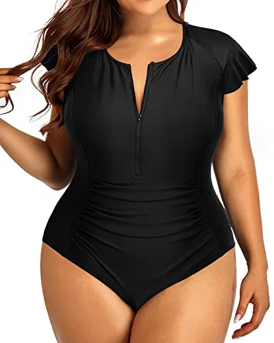 Zipper Front Plus Size One Piece Bathing Suit For Women Tummy Control-Black