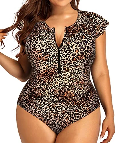 Cap Sleeves Cap Sleeves One Piece Swimsuits For Curvy Women-Leopard