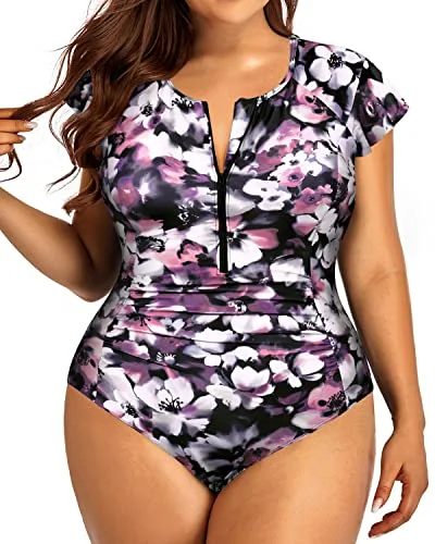 Zipper Front Plus Size One Piece Rash Guard Swimsuit With Cap Sleeves-Purple Floral