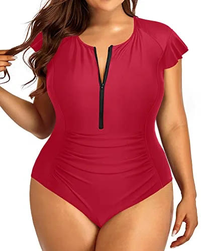 Cap Sleeves Plus Size One Piece Swimsuit For Women Tummy Control Bathing Suits-Red