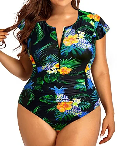 Women's Plus Size Rash Guard Swimwear Cap Sleeves Zipper Front One Piece Swimsuit