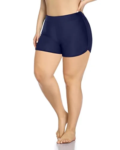 Women's High Waisted Tummy Control Plus Size Swim Shorts-Navy Blue