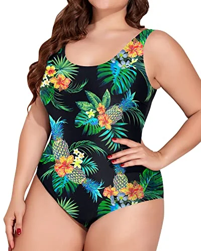 Crisscross Straps One Piece Swimsuit For Women Plus Size Sporty Swimwear-Black Pineapple