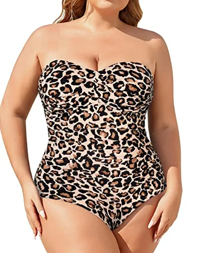 Plus Size Twist Front Swimwear Tummy Control One Piece Bathing Sui-Leopard