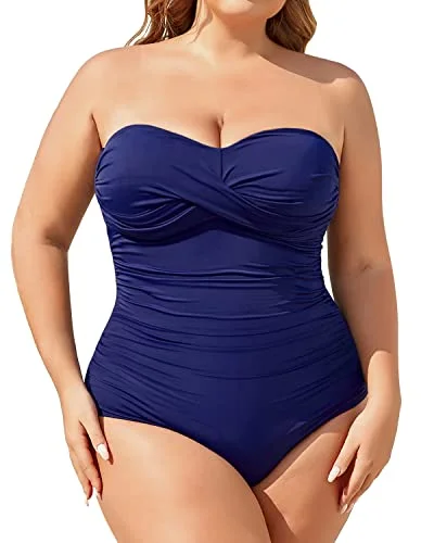 Plus Size Tummy Control Strapless One Piece Swimsuit Bathing Suits-Navy Blue