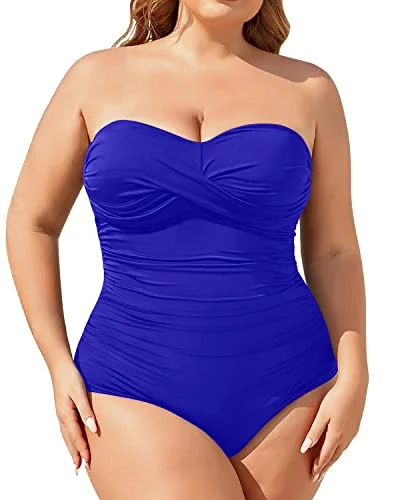 Plus Size Tummy Control One Piece Swimsuit Bandeau Bathing Suits-Royal Blue