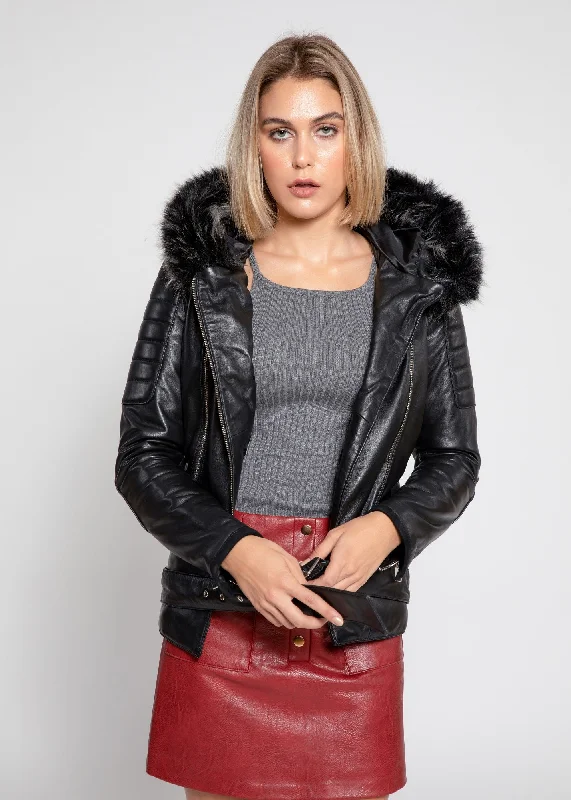 Women's Poseidon Leather Jacket with Fur Hoodie