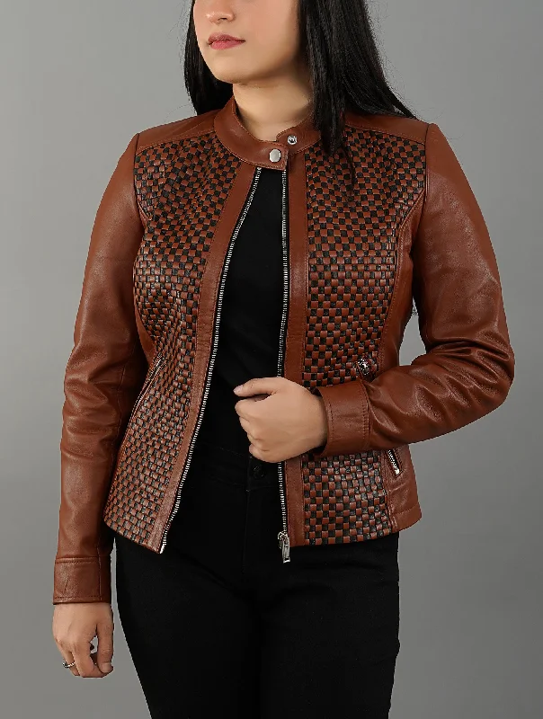 Womens Quilted Patterned  Brown Real Sheepskin Leather Jacket