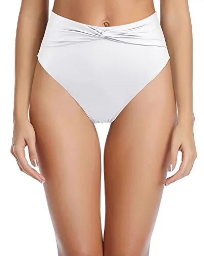 Women's Ruched High Waisted Swim Bottom For Tummy Control-White