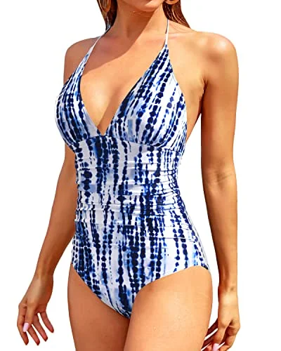 Women's Halter Neck One Piece Swimsuits For Long Torso-Blue Tie Dye